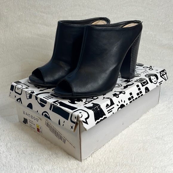 Bamboo Mash black block heel peep toe mules, women’s size 9 - Picture 1 of 10